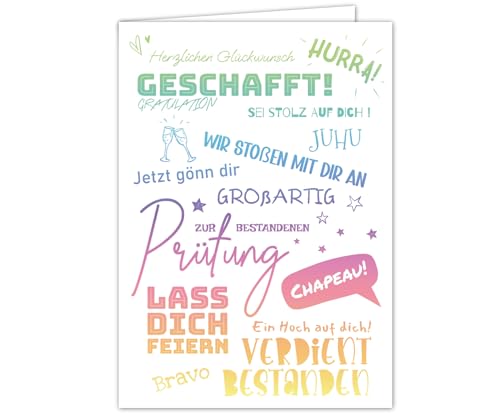 PICTALOO Glückwunschkarte zur bestandenen Prüfung hochwertige Grußkarte zum Schulabschluss Geschenk zum Abi Abitur Ausbildung Bachelor Führerschein Examen witzige Karte zur Gratulation (Bunt)