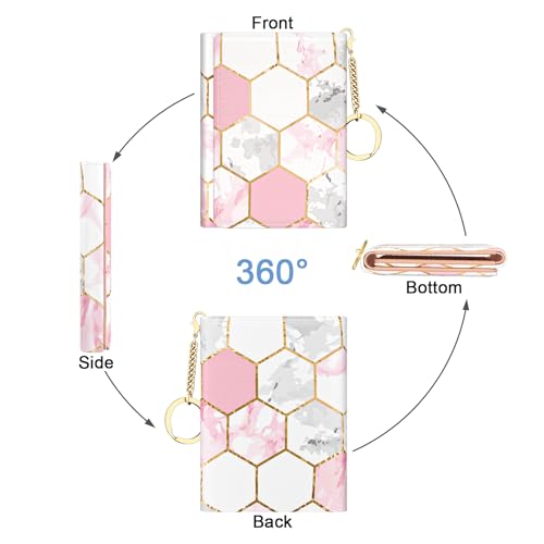 Image of Rouidr Womens Wallet, Small Slim RFID Card Wallets for Women, Cute Front Pocket Trifold Leather Card Organizer with 7 Slots & ID Window, Pink Hexagon