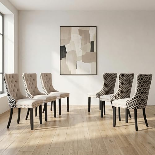 OVENTA Modern Tufted Upholstered Dining Chairs Set of 6, Printed White Velvet Dining Room Chair with Solid Wood Legs, Sillas de Comedor, Kitchen Chairs (Printed White, Velvet Set of 6)