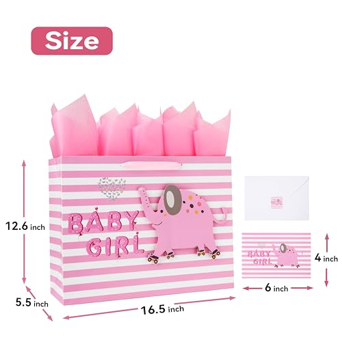 Image of 16.5 inch Extra Large Baby Girl Gift Bag Set with Handles, Greeting Card, Pink Tissue Papers and Stickers for Baby Shower, Newborn, New Moms or Parents, Kids Birthday Party, 3D Elephant Design, 1 Pcs