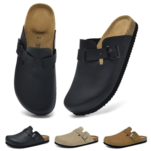 Wizshoe Pantoletten Herren Hausschuhe Clogs Latschen mit Kork-Fußbett Leder Geschlossene Gartenschuâ€¦ – Miniatur