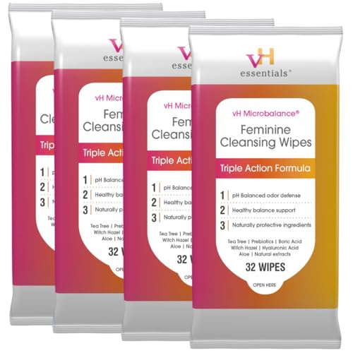 Image of vH essentials Feminine Cleansing Wipes, 32 ct. 4 pk - pH Balanced, Prebiotics, Tea Tree & Aloe, Soothing Witch Hazel, Odor-Blocking Formula, Vaginal and Perianal Care, Alcohol, and Fragrance-Free