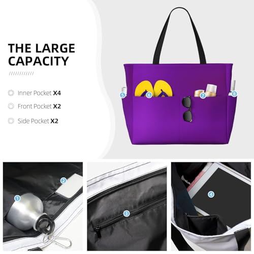 Solid color dark purple Large capacity beach bag with zipper, perfect for grocery bag pool gym travel shopping foldable beach travel bag,3