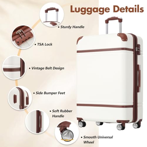 24 Inch Hardshell Luggage Set with Duffel Bag, Lightweight Suitcase with TSA Lock, Expandable Spinner Wheels, Vintage Travel Luggage (White + ABS)4