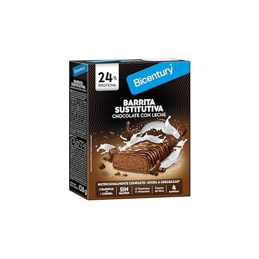 Bicentury Barrita Sustitutiva sabor Chocolate con leche, con 13 Vitaminas y 11 Minerales. Sustituye una comida. 4 barritas, 128g.