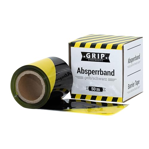 GRIP Eventbasics Absperrband gestreift, 50 m x 70 mm, LDPE, Absperrband im Abrollkarton, Flatterband nicht klebend, schwarz-gelb