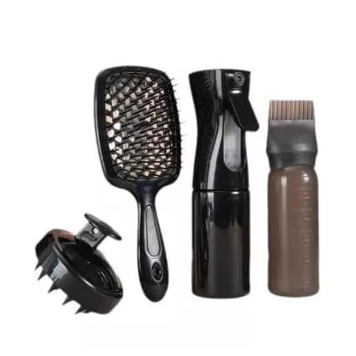 Kit Capilar com Escova Desembaraço, Pente Aplicador Óleo e Tintura, Borrifador e Massageador Limpeza a Seco - 4 Pçs (Preto)