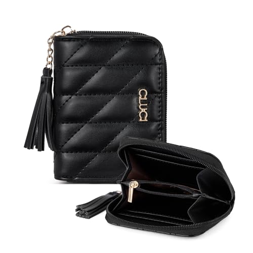 CLUCI Small Wallet for Women RFID Blocking Leather Quilted Credit Card Womens Wallet with Wristlet Black