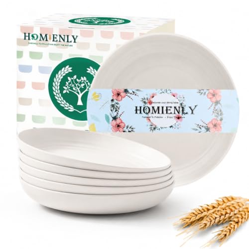 Homienly Unbeakable Deep Plates Wheat Straw Dessert Plates Set of 6 Lightweight 8 inch Kids Plate Set for Camping, Party, Microwave and Dishwasher Safe Plastic Plates for Bread & Butter, Snack (White)