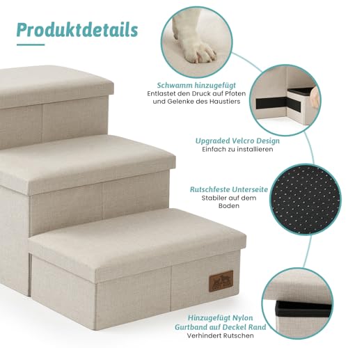 COZY KISS Hundetreppe für Kleine Hunde mit Stauraum, Breite Haustiertreppe Faltbare für Bett und Couch, Hunderampe mit Rutschfestem Boden, Lecksichere (Beige, 43x97x56cm, 4)