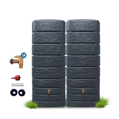 4rain Slim Stone Decor Regentonne Set 1000 Liter Graphitgrau – 2X Regenfass/Wassertank 500 Liter mit Verbinder + Hahn – Frostsicherer Regenwassertank/Regenwassertonne - Wassertonne für Garten 4rain Slim Stone Decor Regentonne Set 1000 Liter Graphitgrau – 2X Regenfass/Wassertank 500 Liter mit Verbinder + Hahn – Frostsicherer Regenwassertank/Regenwassertonne - Wassertonne für Garten