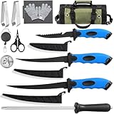GPUSFAK 10 Pieces Fillet Set, Stainless Bait Knife With Sharpening Rod and Sheath, Professional Filleting Boning for Meat Blue