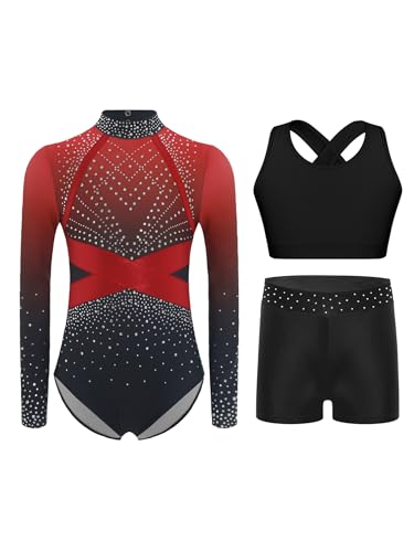 Tenue de gymnastique filles 3 pièces avec justaucorps pailleté manches longues short et brassière