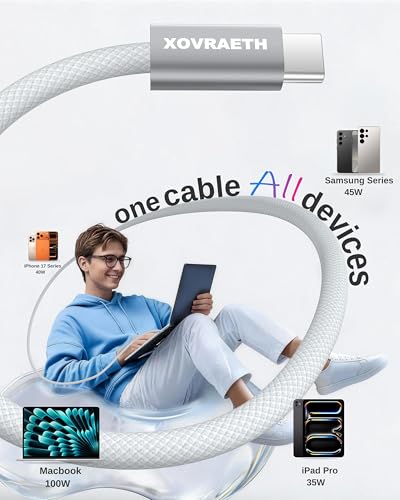 Image of USB C to USB C Cable, 10ft, 100W PD 5A Fast Charging Cord, Aluminum Connector & Nylon Braided Type C Charger Cord for iPhone 17 /16 /15, MacBook Air /Pro, iPad Pro, Samsung S25 /S24 /S23, Pixel 10(White)