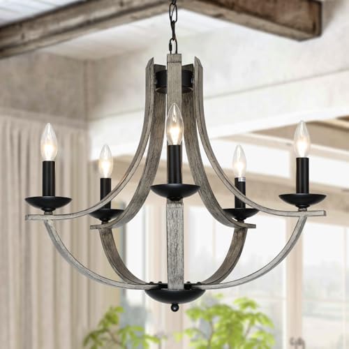 LAMPKEDUO Rustic Chandeliers for Dining Room Light Fixture, 5-Light 24 inch Faux Wood Texture Hanging Lighting Fixtures,Farmhouse Candle Chandeliers for Living Room Kitchen Island Foyer Entryway