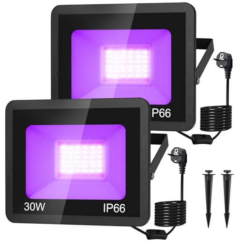 NATPOW 30W Luce Nera UV Faretto UV LED con Spina IP66 Impermeabile Faro Ultravioletta 395nm Black light per Festa,Pittura Fluo,Poster,Bar,Halloween,Party,Discoteca(2 Pezzi)