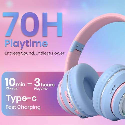 Image of GameSir Astro Junior Wireless Headphones with 40mm Drivers, Deep Bass Stereo Sound, Bluetooth 5.3, Over-Ear Noise Isolation Headset with LED Light, Built-in Mic for PC, Mobile & Laptop (Blue)
