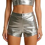 Wildarms Shorts Mujer Metalizados, Pantalones Cortos Cintura Alta Tipo Cuero sintético elástico; Hot Pants Brillo Vinilo (FR/ES, Letras, L, Regular, Regular, Plata)