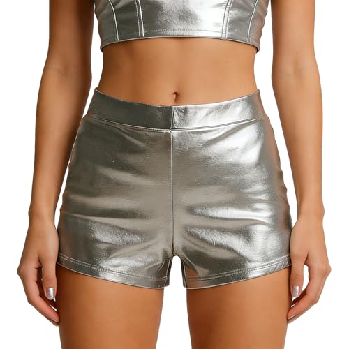 Wildarms Shorts Mujer Metalizados, Pantalones Cortos Cintura Alta Tipo Cuero sintético elástico; Hot Pants Brillo Vinilo (FR/ES, Letras, M, Regular, Regular, Plata)
