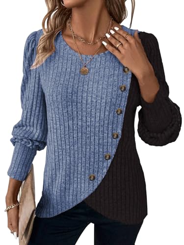 MixShe Womens Knit Sweaters 2025 Fall Winter Casual Long Sleeve Ribbed Colorblock Button Pullover Tops