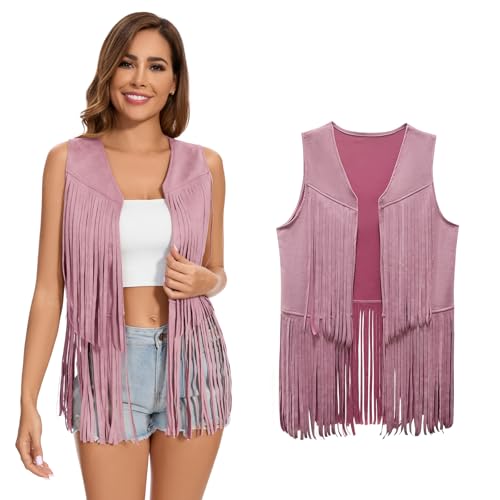 XonyiCos Damen Fringe Weste 70er Jahre 60er Jahre Hippie Westes Ärmellose Cowgirl Western Faux Wildleder Quaste Lederjacke Karneval und Rollenspiele Kostüme (Rosa Quaste Weste XL)