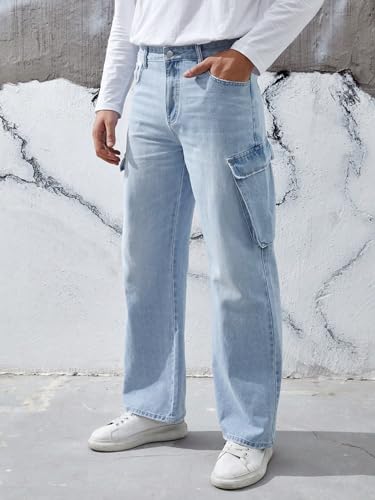 Image of KOTTY Men's Loose Fit Cargo Denim Jeans - Vintage Washed Utility Jeans with Side Pockets