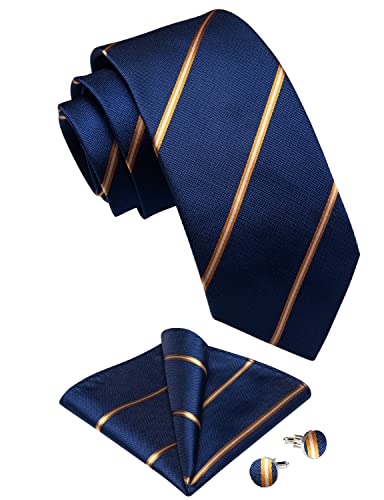 Image of DiBanGu Striped Tie Set for Men Silk Woven Plaid Necktie and Pocket Square Cufflinks Business Wedding