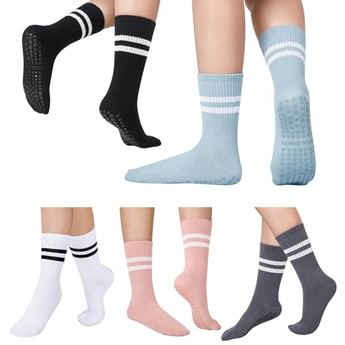 Neomuch 5 Pairs Pilates Socks with Grips for Women - Grip Yoga Socks for Women Non Slip Grippy Sock for Pure Barre, Dance, Barefoot, Workout, Hospital Sticky Slipper Socks-Pink/White/Black/Gray/Blue