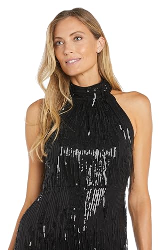 Image of R&M Richards Women's Sequined High-Neck Fringe Column Gown - Elegant Evening Dress for Formal Galas & Special Events