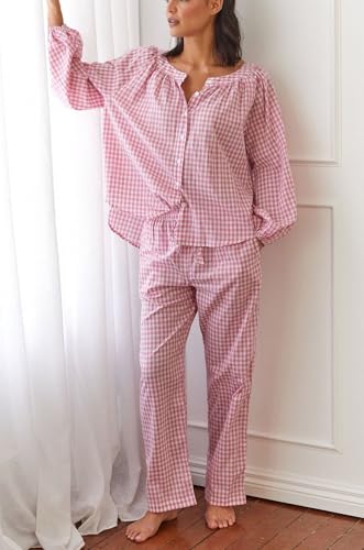 Image of Argeousgor Women Plaid 2 Piece Pajama Set Button Down Puff Sleeve Babydoll Shirt Gingham Pants Pj Lounge Set Sleepwear