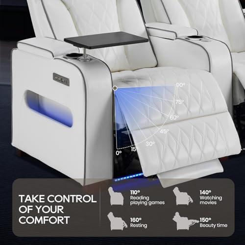 Image of Luxury Home Theater Seating - Power Recliner with Adjustable Headrests, Blue LED Ambient Lighting, Tray Table, USB & Type-C Charging (Pure White,3 Seat)