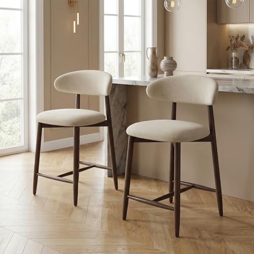 Image of Bar Stools Set of 2, 25.6″ Counter Height Bar Stools with Wood Legs, Upholstered Modern Kitchen Barstools for Kitchen Island Dining Room Bar, Beige