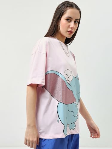 Image of Bewakoof Official Disney Merchandise Women's 100% Cotton Graphic Print Oversized Fit Round Neck T-Shirt