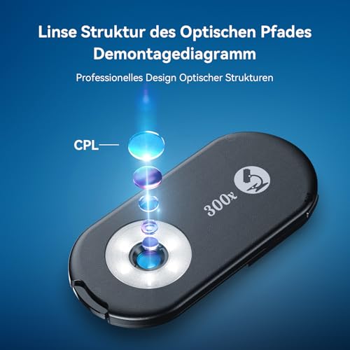 Evil Eye 300X Handy Mikroskop, Telefonmikroskop mit CPL, 18 LED-Licht, 19 Beleuchtungsmodi, Mikroskop Handy UV-Licht & Universalclip Für Android/iPhone, Ideal Für Gärtner, Uhren & Schmuckliebhaber