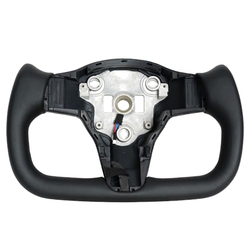 JIANGGAI Yoke Racing Steering Wheel Black Microfiber Leather without Front Trim for Tesla Model 3 2017-2023 Model Y 2019-2024 with Heating Function