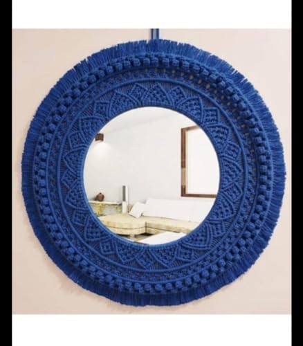 Image of Handmade Cotton Macrame Wall Hanging Glass Mirror with Boho Fringes, Bohemian Art Decorative Aina for Make-Up, Living Room, Bedroom (Dark Blue)