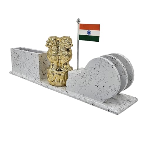 Image of WOOD HOUSE White Marble Look Wooden Pen Stand with Flag - Elegant Desk Organizer for Pens and Office Essentials - Patriotic Flag Accent - Stylish and Functional Home and Office Decor (WH-19)