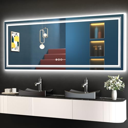 LED Bathroom Mirror, 60"X24" with Front and Backlit, Anti-Fog, Large Bathroom Vanity Mirror for Wall, Memory Function, Stepless Dimmable, Tempered Glass (Horizontal/Vertical)