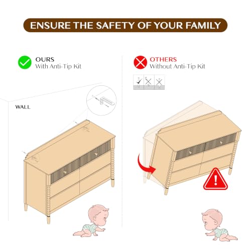 Image of JOINICE White Nursery Dresser for Kids Bedroom, 6 Drawers for Storage | Jenny Lind Spindle Legs Dresser, Baby Clothes Organizer for Toddlers, Children's Room, Anti-tip Kit for Safety