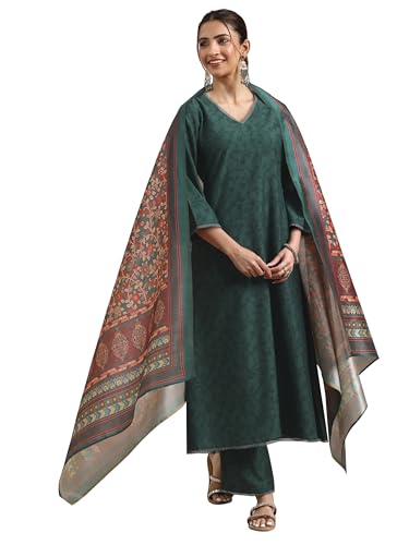 Image of Libas Green Printed Silk blend A Line Kurta set for Women | daily wear suit