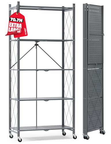 Image of ALANNG 70.7 inch H Metal Storage Shelves, 5 Tier Folding Storage Shelves on Wheels | Heavy Duty, No Assembly, Rolling, Collapsible Rack Unit for Kitchen, Basement, Pantry (Gray,1 Pack)