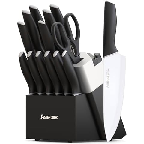 Astercook Knife Set, Kitchen Knives with Block and Sharpener Ceramic Coating 15 Pcs German Stainless Steel Knives Sharp Blade Dishwasher Safe Kitchen Utensils Set with Ergonomic Handle, Elegant Black Cover