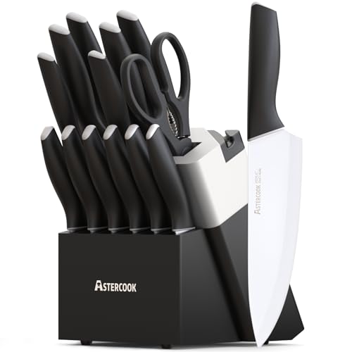 Astercook Knife Set, Kitchen Knives with Block and Sharpener Ceramic Coating 15 Pcs German Stainless Steel Knives Sharp Blade Dishwasher Safe Kitchen Utensils Set with Ergonomic Handle, Elegant Black