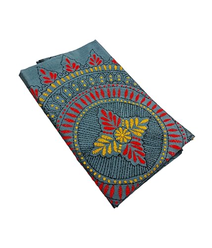 Image of SHRISTI CLOTHINGS Women's Hand Embroidered Cotton Silk Kantha Stitch Saree with Blouse Piece (SB4200924 GREYD47)