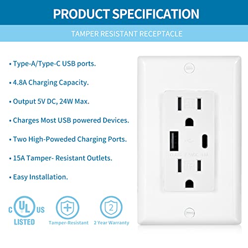 Bolrant 24W 4.8A Usb Wall Outlets Receptacles, Usb Wall Plate 2-Port, Wall Outlet With Usb Ports With Type A & Type C, 15 Amp Duplex Tamper Resistant Receptacle Plug, Ul Listed, Pack Of 4 #TOP2