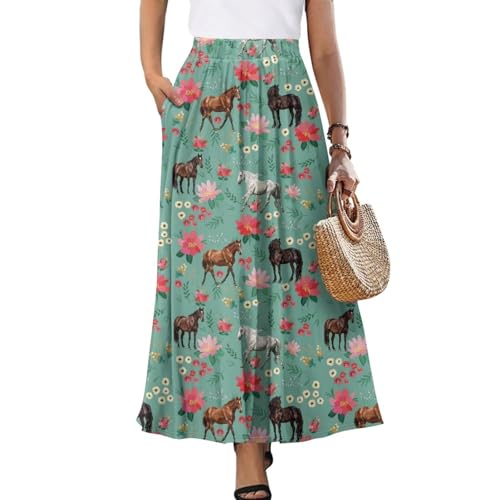 Long Skirts for Women with 2 Side Pockets A-Line Maxi Length Skirt Elastic Waistband S to 2XL Floral Printed Summer