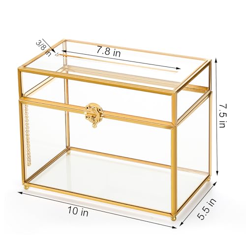 Okllen Glass Wedding Card Box with Lock and Slot, Gold Rim Envelop Box Gift Holder, Vintage Clear Card Box for Wedding Reception, Baby Shower, Birthday, Graduation (Glass Box and Lock Only)