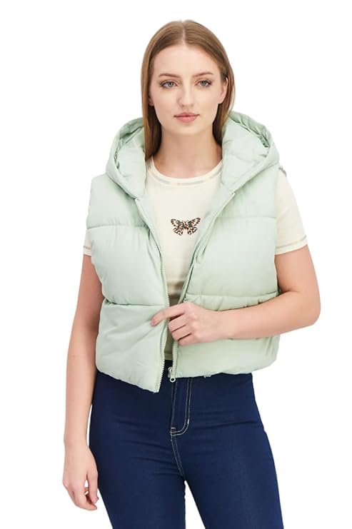 ameeha Women's Puffer Vest with Hood, Mint Green, Cropped Length, Sleeveless Winter Jacket-picture-26