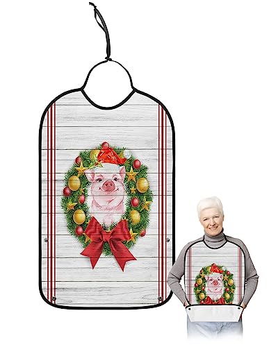 Christmas Wreath Adult Bibs for Eating, Waterproof Bibs with Food Catcher & Adjustable Snap Closure, Farm Pig Red Stripes White Wood Washable Clothing Protectors Adult Bibs for Elderly Women/Men
