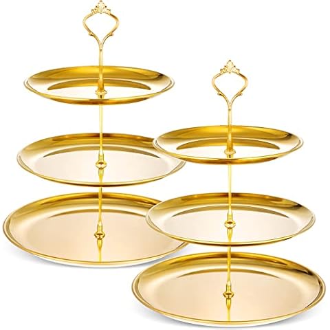 Yaomiao 2 Sets Gold 3 Tier Serving Tray with Base Stainless Steel Tiered Cupcake Stand Dessert Table Display Set Cup Cake Tier Stand Metal Cupcake Tower Fruit Dessert Holder Wedding Serving Platter Cover